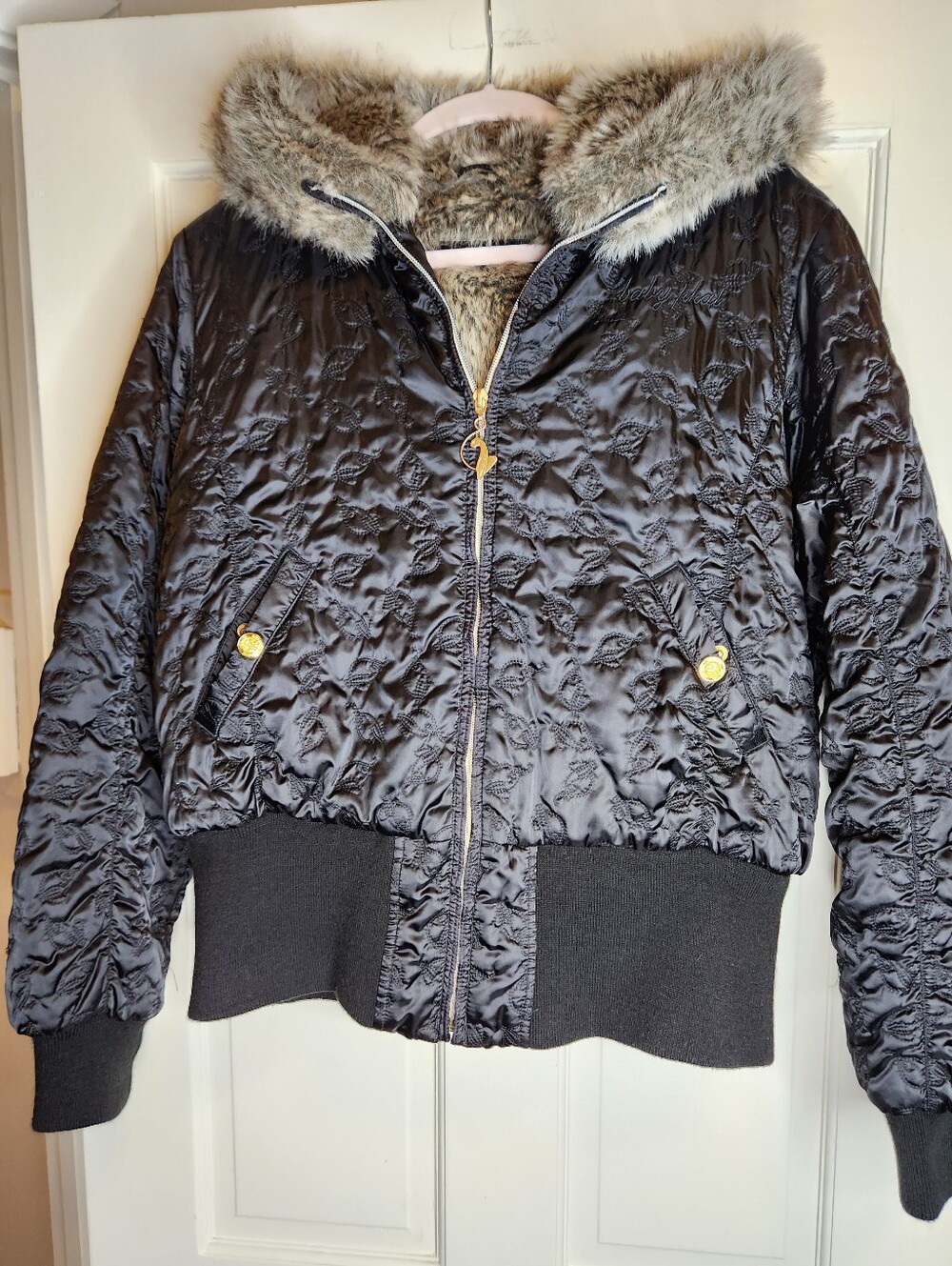 Vintage Baby Phat Y2K McBling 2XL Quilted Bomber Jacket Big Cat Faux Fur Lined
